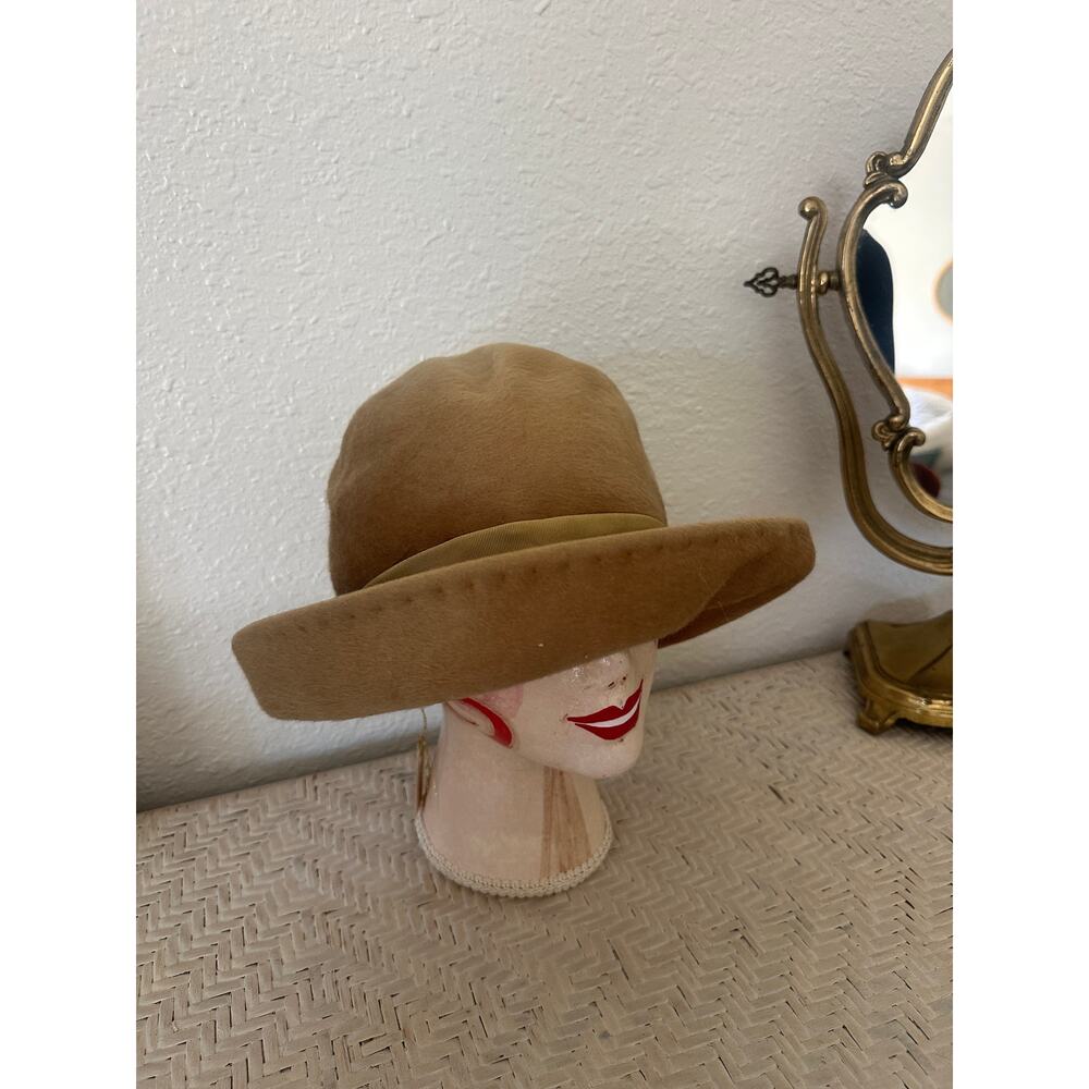 Mr. John Hand Sewn Camel cashmere woman’s fedora with ribbon band and bow 1940s